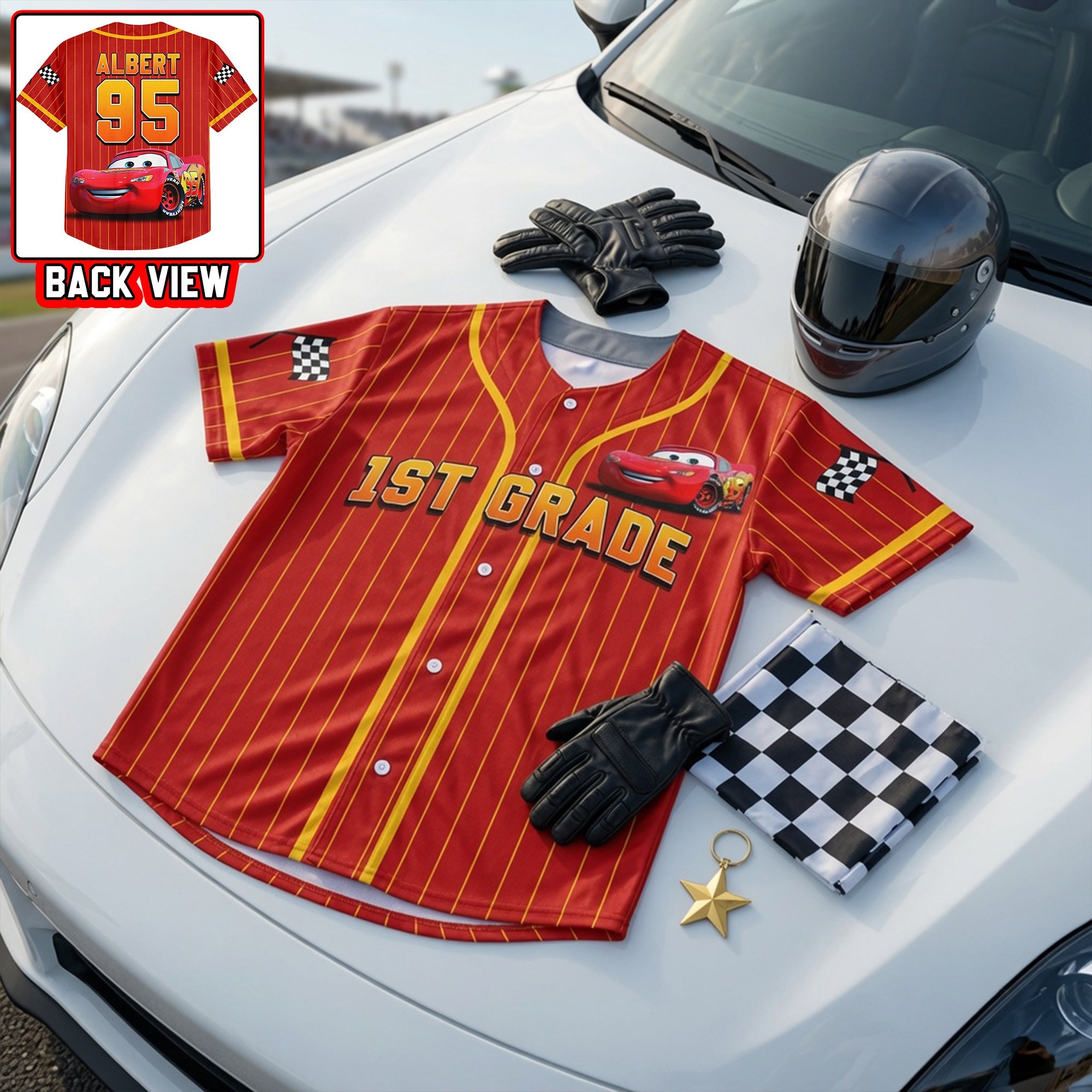 “Race into Fun!” - Personalized Race Car Baseball Jersey - Perfect Gift for Kids