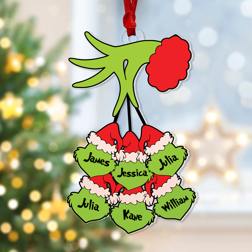 Personalized Christmas Ornament with Family Names - Grinch Hand Design