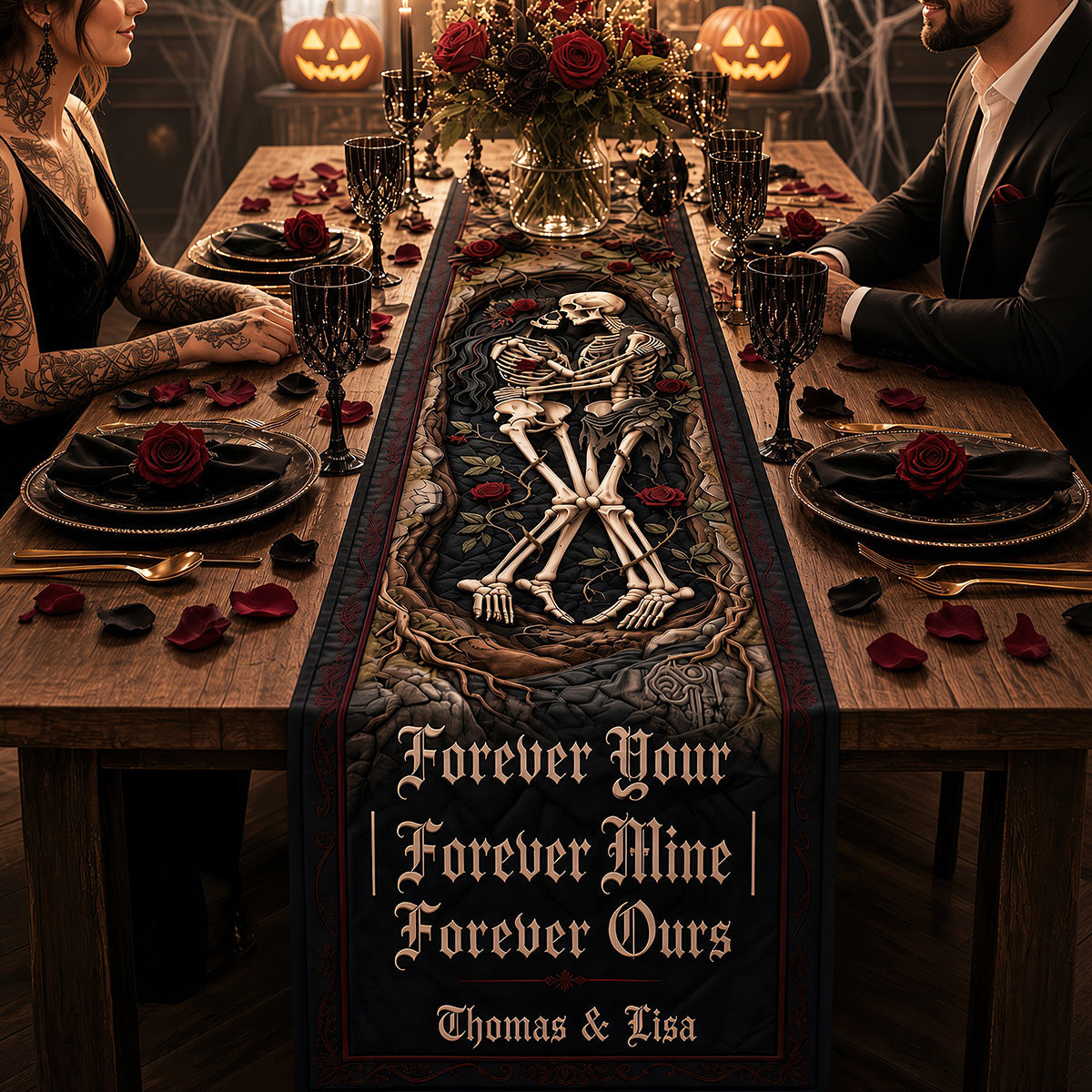 Eternal Love Skeleton Couple Quilted Table Runner - Custom Gifts for Soulmates