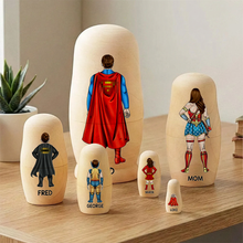 Load image into Gallery viewer, “Celebrate Family Love” - Power Family Wooden Nesting Dolls - Personalized Mother's Day Gifts Wooden Nesting Dolls PopCulturePrints
