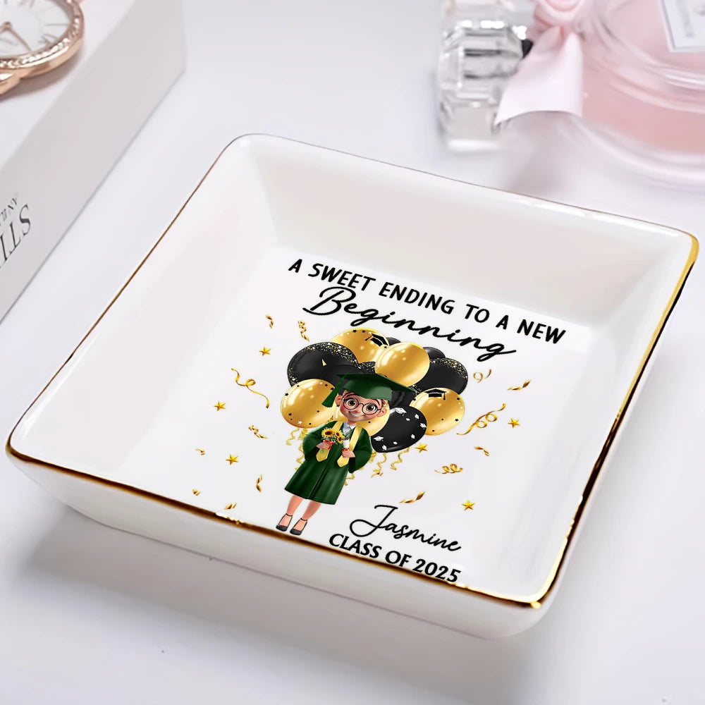 A Sweet Ending To A New Beginning - Personalized Graduation Ring Dish Ring Dish PopCulturePrints