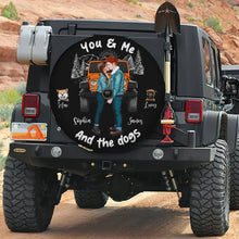 Load image into Gallery viewer, Personalized Couple and Dogs Tire Cover – Custom Names and Vehicle Design
