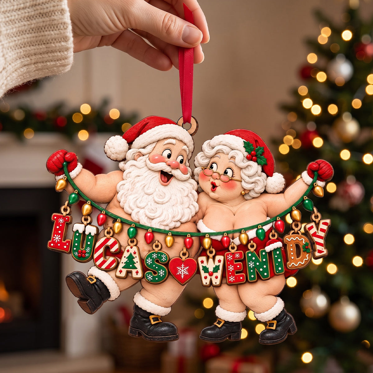 “Celebrate Love with a Touch of Festivity” - Personalized Name Art Fun Santa Couple Ornament - Custom Christmas Gift for Couples