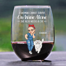 Load image into Gallery viewer, A Woman Cannot Survive On Wine Alone, She Also Needs Cats - Personalized Stemless Wine Glass | Perfect Gift for Cat Moms Wine Glass PopCulturePrints
