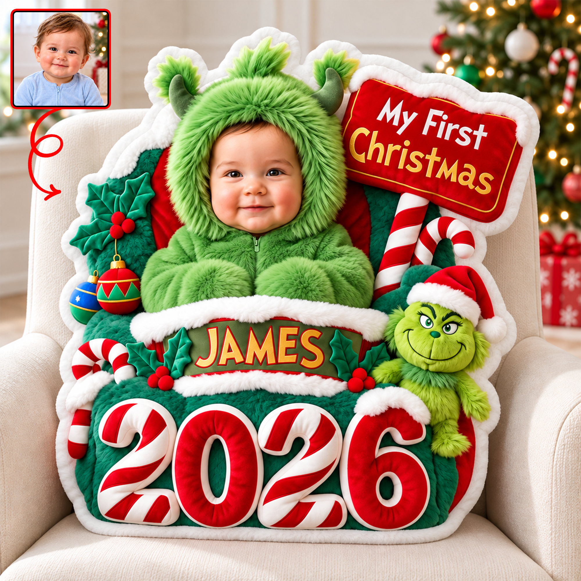 Celebrate the Magic: Baby's First Christmas Personalized Photo Pillow - Perfect Gift for New Parents