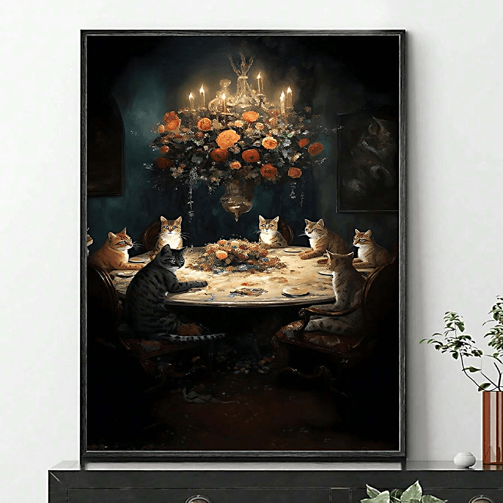 Enchanted Cat Gathering Retro Art Canvas Print Poster & Canvas PopCulturePrints