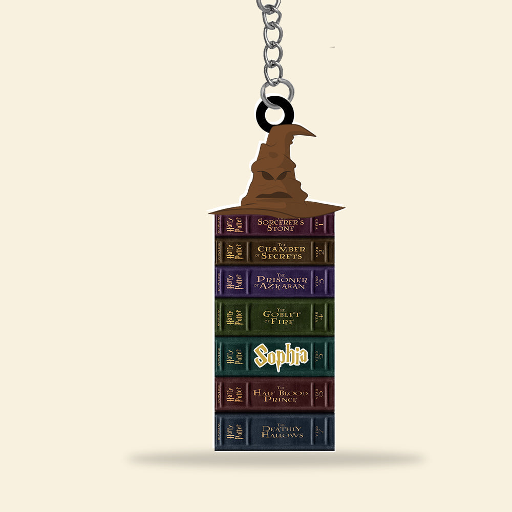 Personalized Harry Potter Book Stack Keychain with Sorting Hat