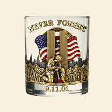 Load image into Gallery viewer, “Never Forget” - Custom 911 Firefighter Whiskey Glass - Personalized Gift for Firefighters, Heroes, and First Responders Whiskey Glass PopCulturePrints

