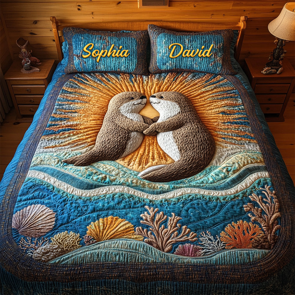 Cute Otter Couple Beach Quilt Bed Set - A Personalized Gift for Couples Blanket PopCulturePrints