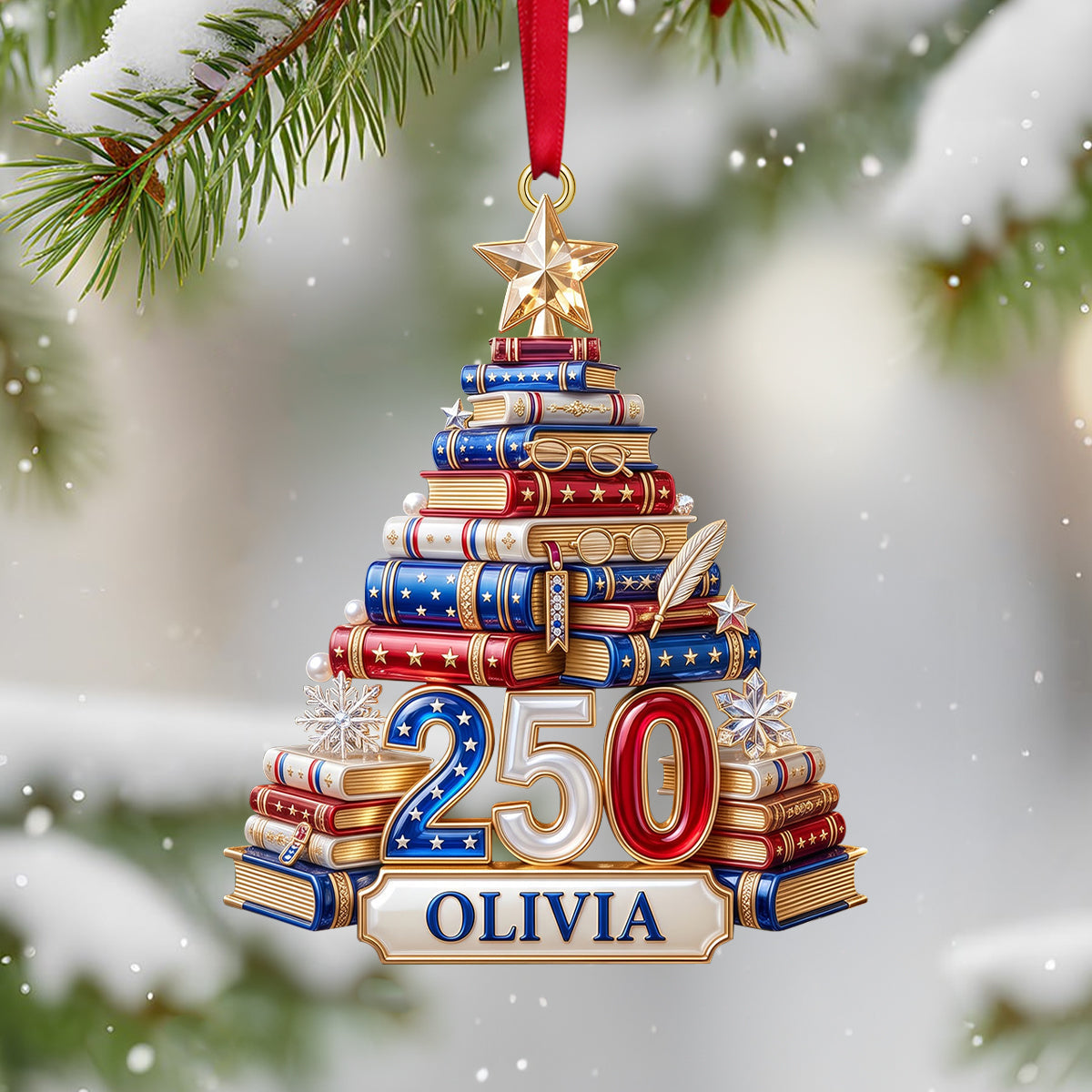 Book Stack Christmas Tree Ornament - Personalized 250th Anniversary Gift For Book Lovers 02PGTN220826 Ornament PopCulturePrints