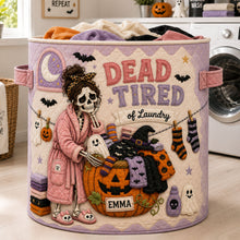 Load image into Gallery viewer, “Dead Tired of Laundry” - Spooky Skeleton Quilted Laundry Basket - Personalized Halloween Gift

