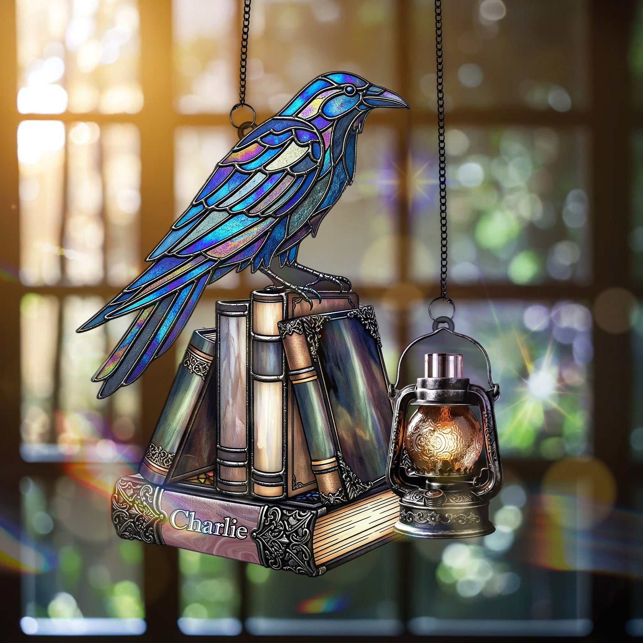 “Illuminate Your Passion for Reading” - Raven on Books Gothic Suncatcher Ornament, Personalized Gifts for Book Lovers Ornament PopCulturePrints