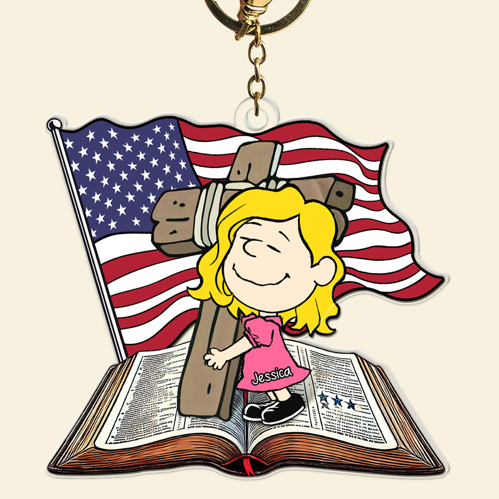 Customized Christian Keychain - Wooden Cross with Bible & American Flag Keychains PopCulturePrints