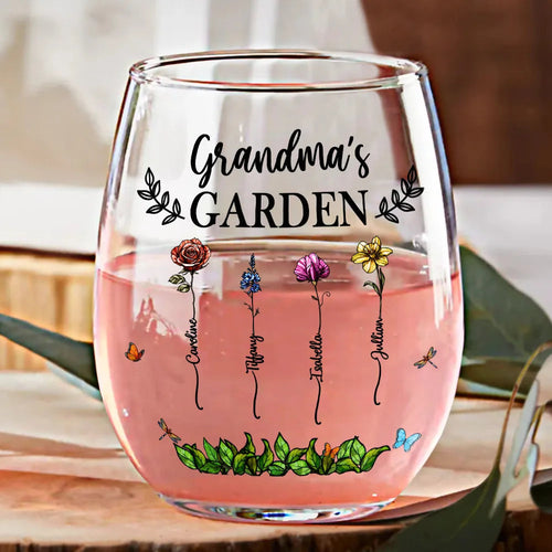 “Grandma's garden blooms with love” - Personalized Stemless Wine Glass for Grandma and Mom Wine Glass PopCulturePrints
