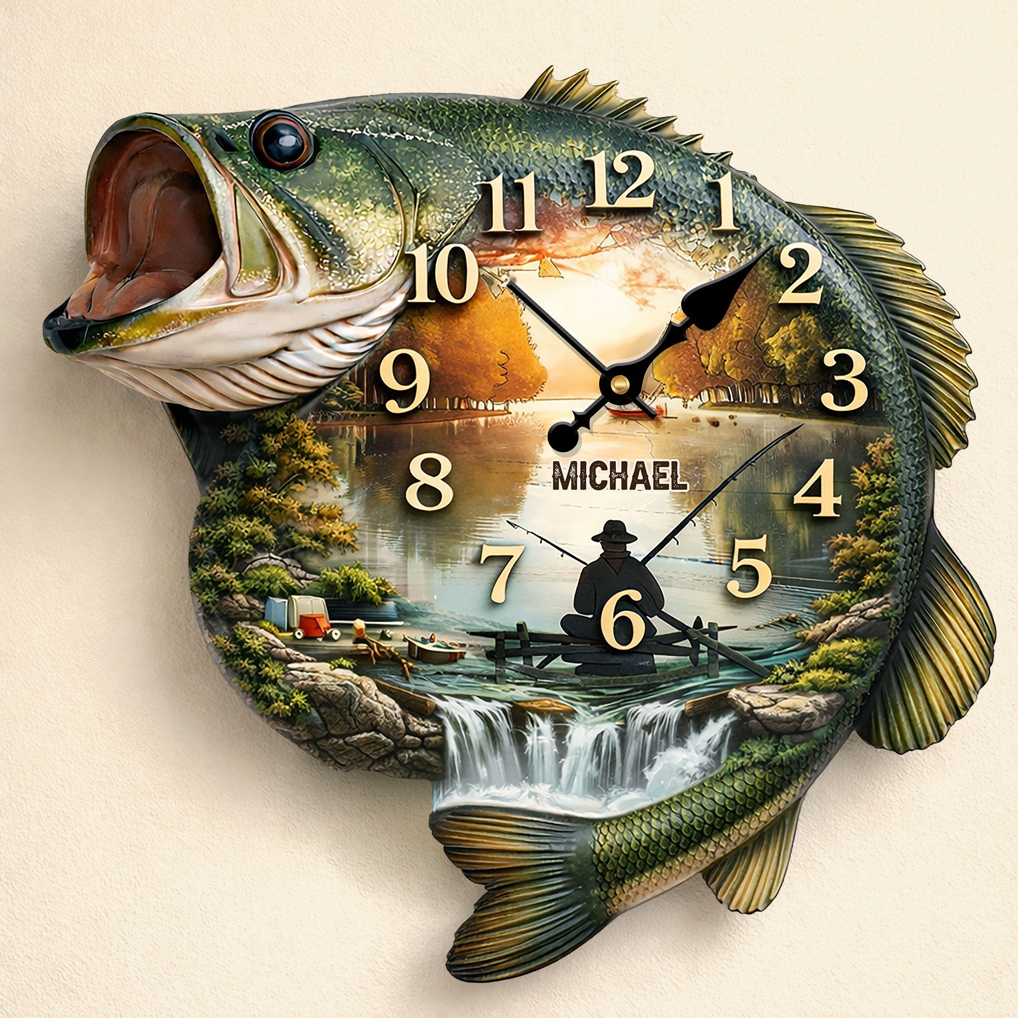 "Time for Fishing Adventures!" - Personalized Acrylic Clock for Fishing Lovers Hanging Wall Clock PopCulturePrints