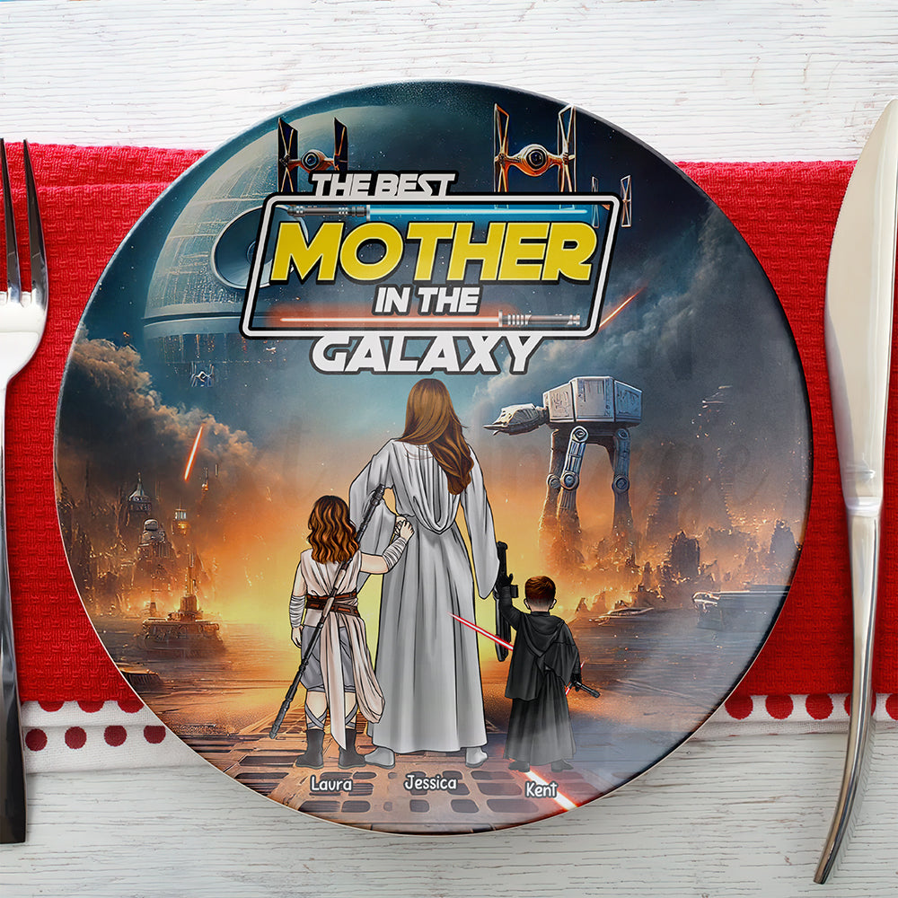 The Best Mother in the Galaxy - Personalized Ceramic Round Plate for Mom & Grandma Ceramic Round Plate PopCulturePrints