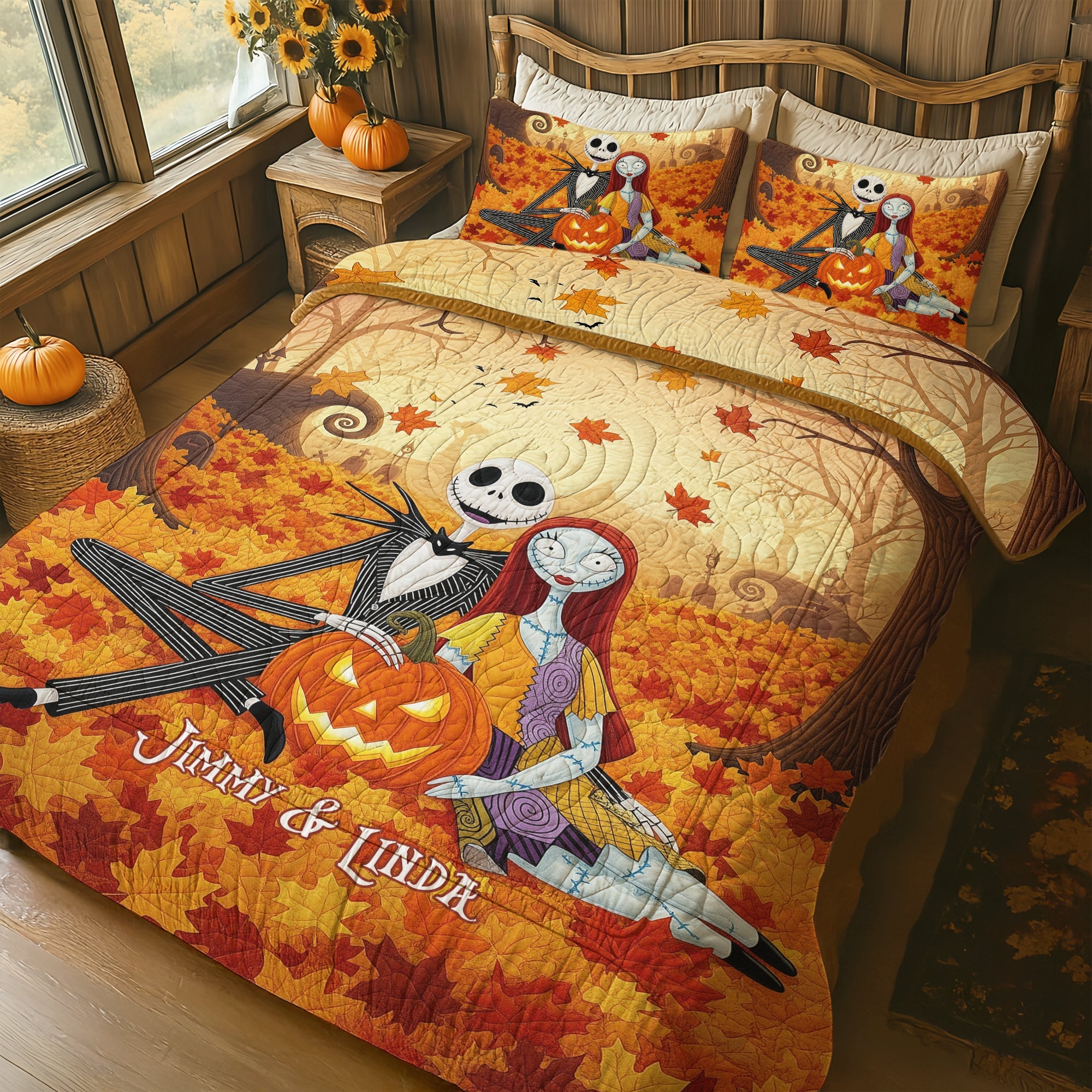 Embrace the Fall Vibes - Autumn Horror Couple Quilt Bedding Set - Personalized Gift for Couples Blanket PopCulturePrints