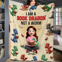 Load image into Gallery viewer, "I Am A Book Dragon, Not A Worm" - Cozy Book Dragon Blanket - Personalized Gift For Book Lovers Blanket PopCulturePrints
