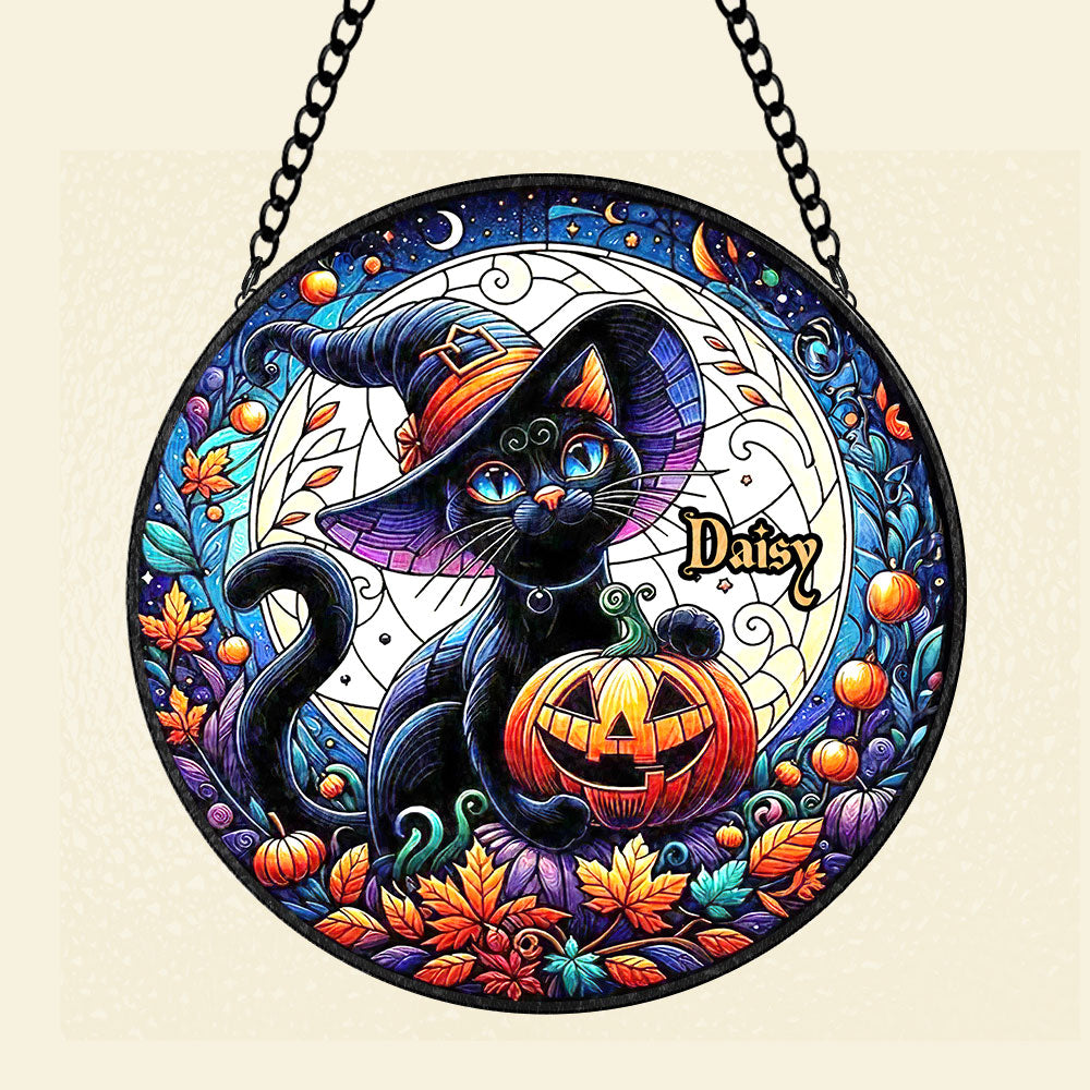 Personalized Black Cat Witch Stained Glass Suncatcher