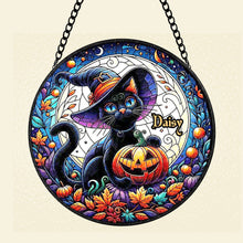 Load image into Gallery viewer, Personalized Black Cat Witch Stained Glass Suncatcher
