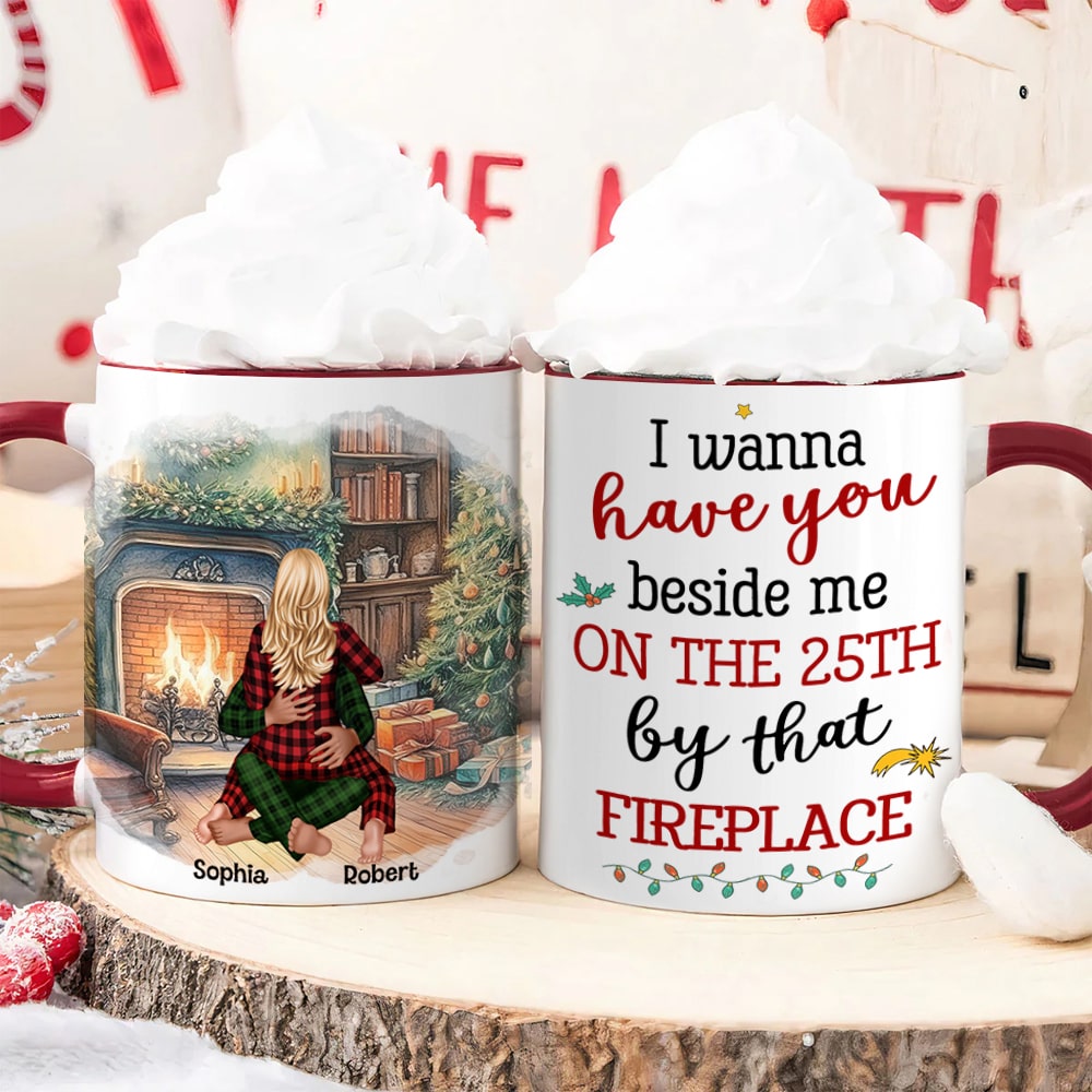 Personalized Christmas Couple Mug - Cozy Fireplace Edition