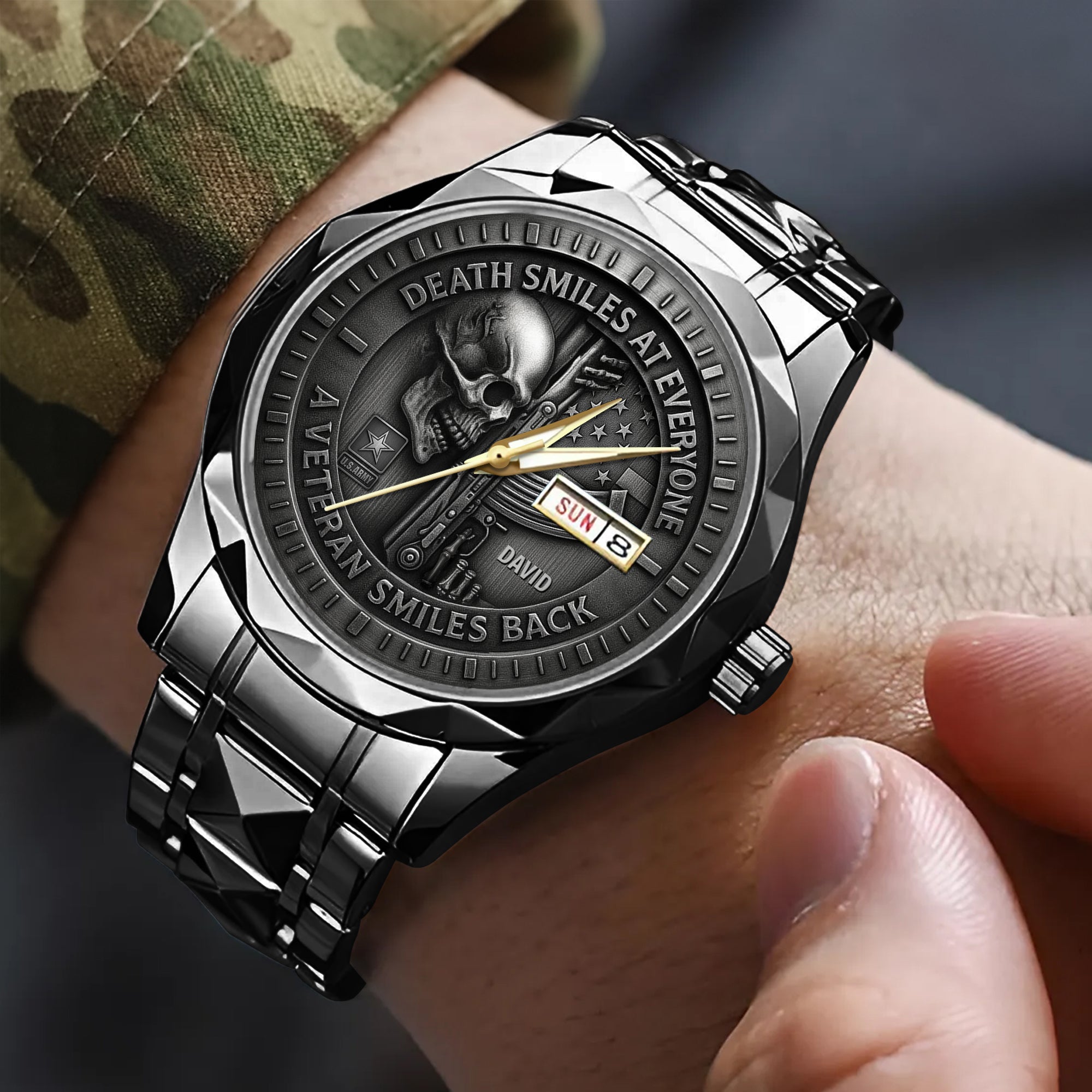 Death Smiles at Everyone, A Veteran Smiles Back - Fierce Military Skull Luxury Men's Watch | Personalized Gift for Veterans Men's Watch PopCulturePrints