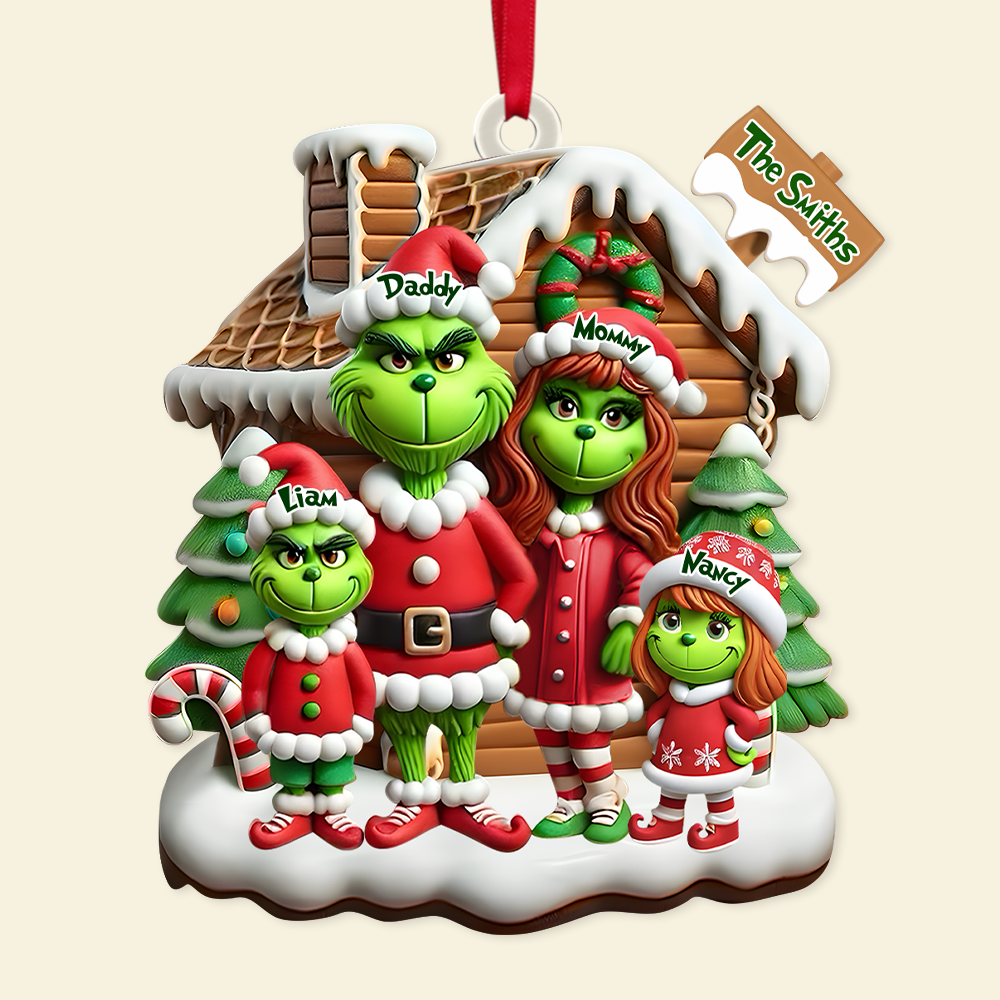 Personalized Family Christmas Ornament - Green Cartoon Character Design