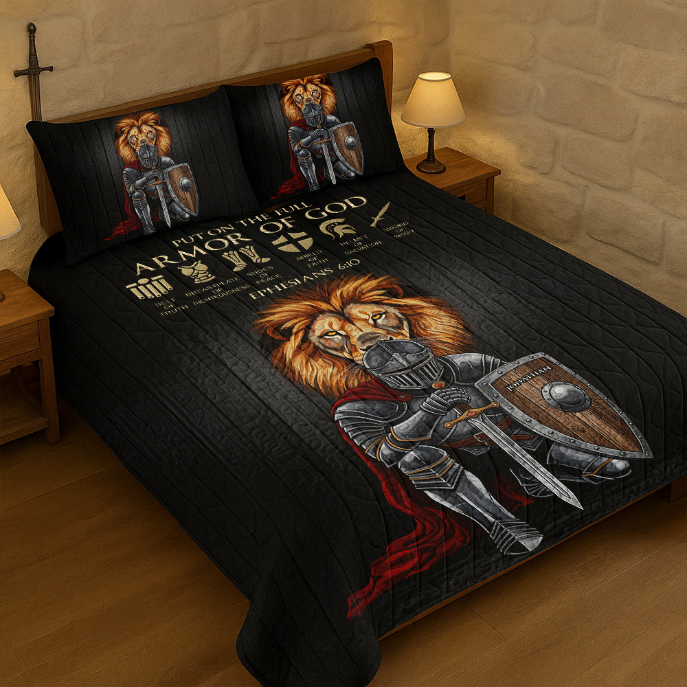 “Put on the Full Armor of God!” - Personalized Lion Warrior Quilt Bedding Set - Custom Gift for Spiritual Warriors, Faith Seekers, and Meaningful Occasions Bedding Set PopCulturePrints