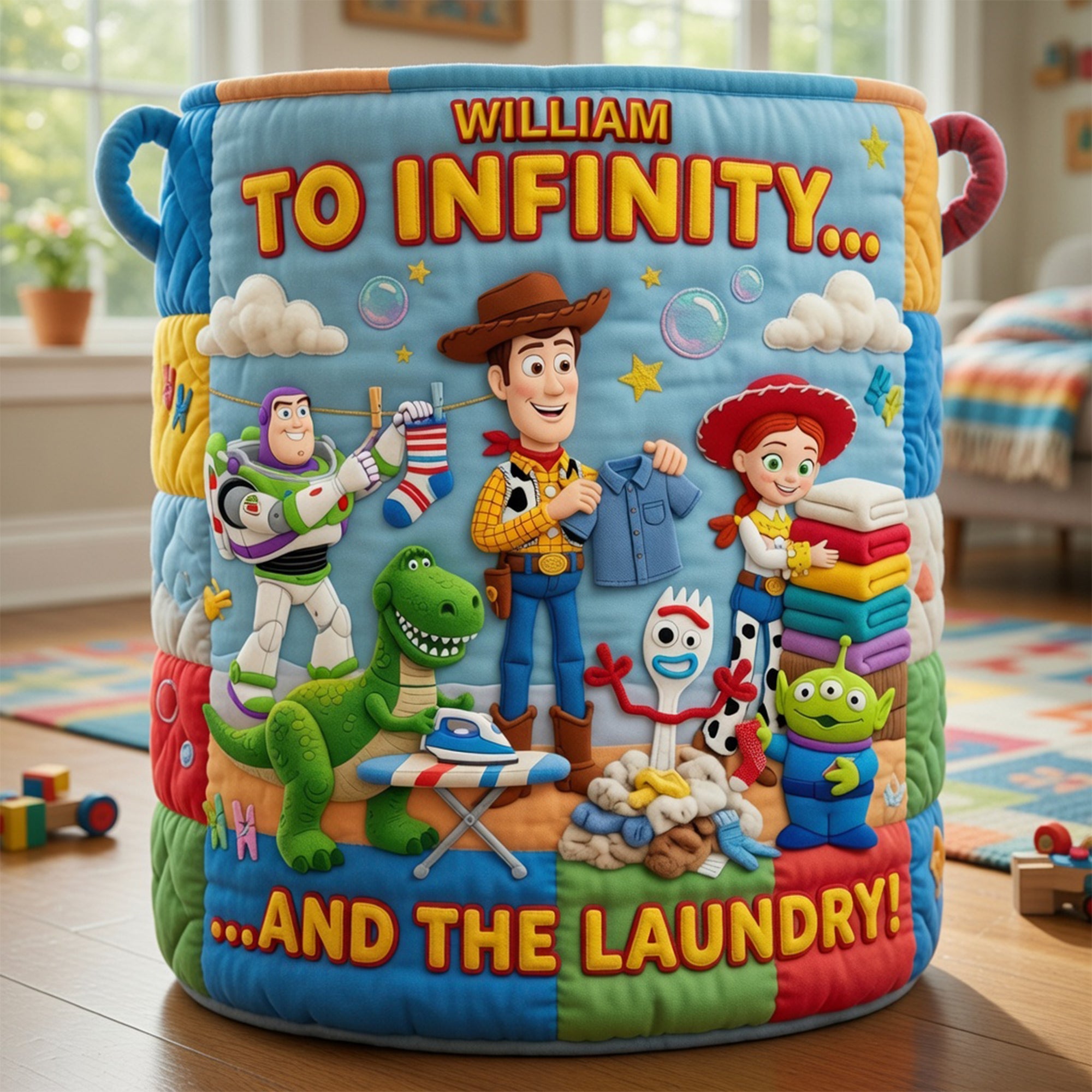 Embrace Fun with 'To Infinity and Beyond' - Personalized Quilted Laundry Basket for Kids