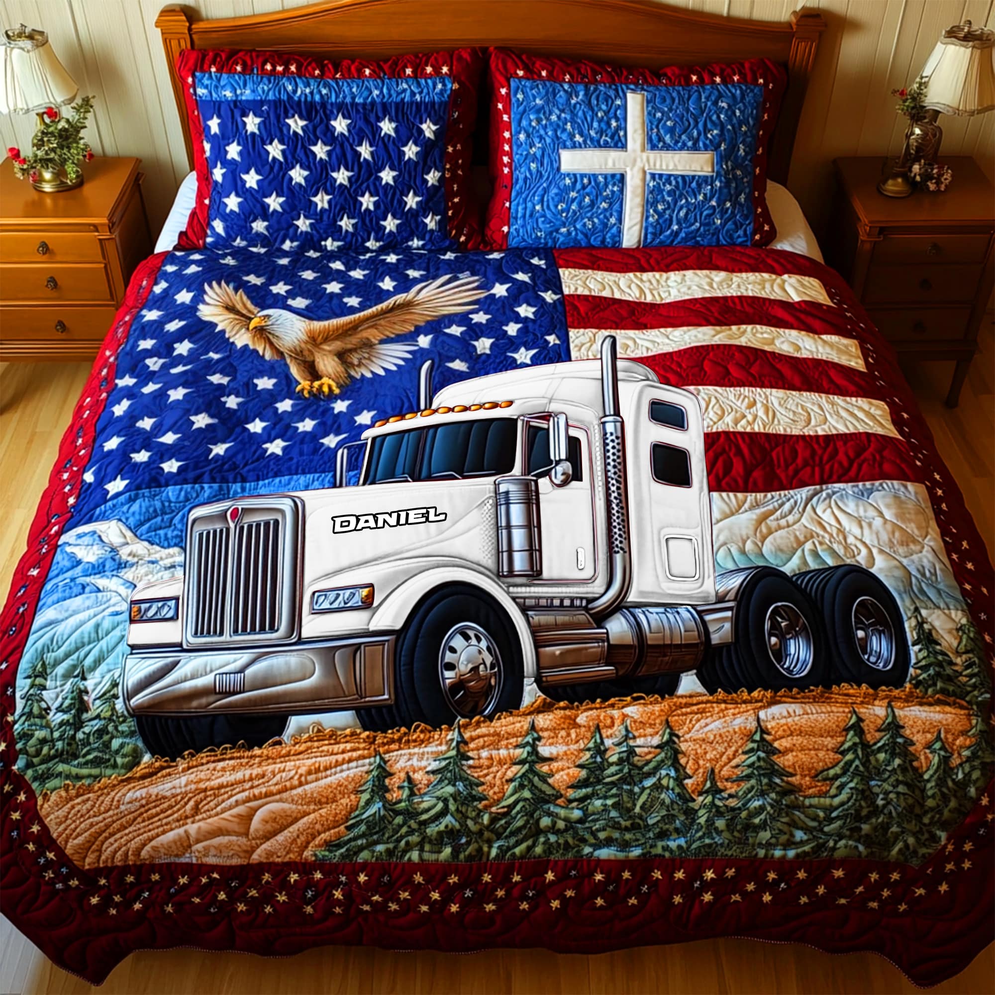 Proud to be an American Trucker – Personalized Quilt Bedding Set for Trucker Lovers Blanket PopCulturePrints