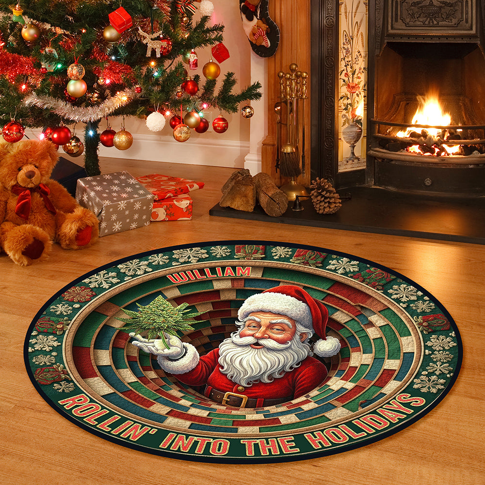 “Rollin’ Into The Holidays” – Personalized Chill Santa Round Rug – Perfect Gift for Family and Friends Doormat PopCulturePrints