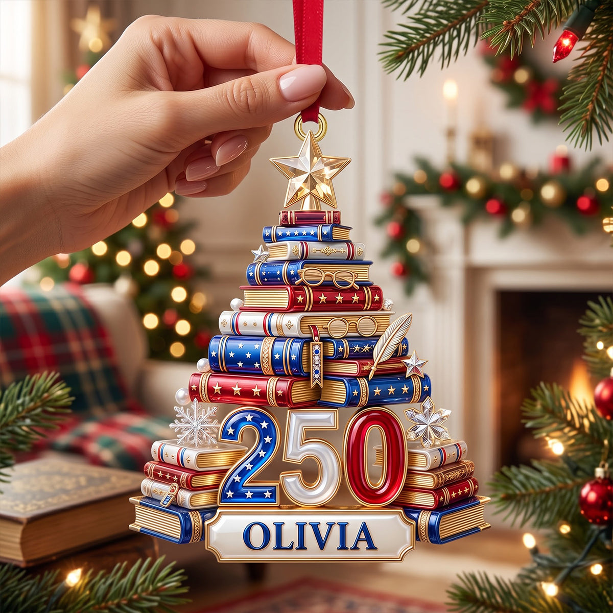 Book Stack Christmas Tree Ornament - Personalized 250th Anniversary Gift For Book Lovers 02PGTN220826 Ornament PopCulturePrints