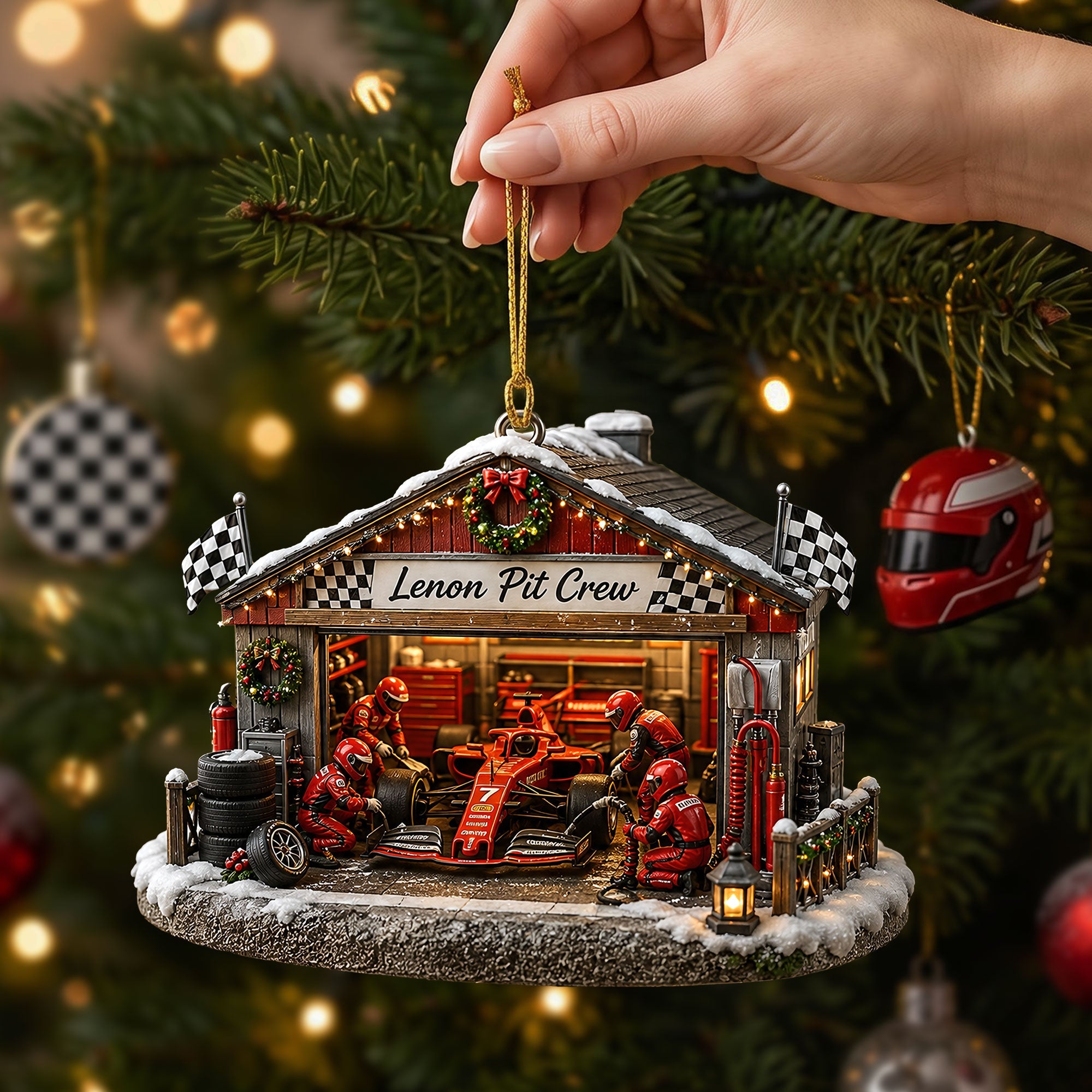 “Rev Up Your Holidays” – Festive Pit Crew Ornament – Personalized Christmas Gift for Racing Fans