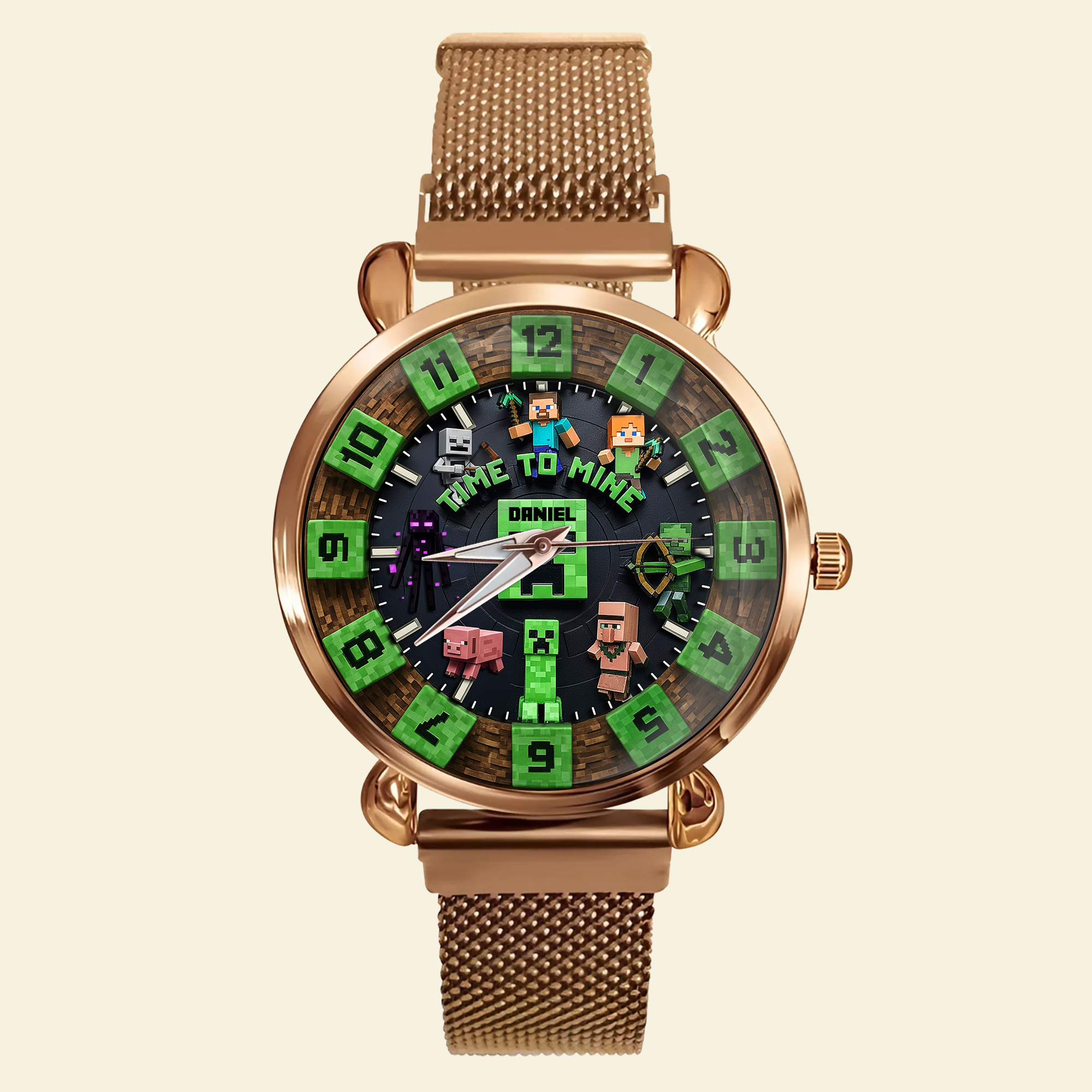 Time to Mine! Fun Sandbox Game Mesh Straps Watch - Personalized Gift for Game Lovers Quartz Watch PopCulturePrints