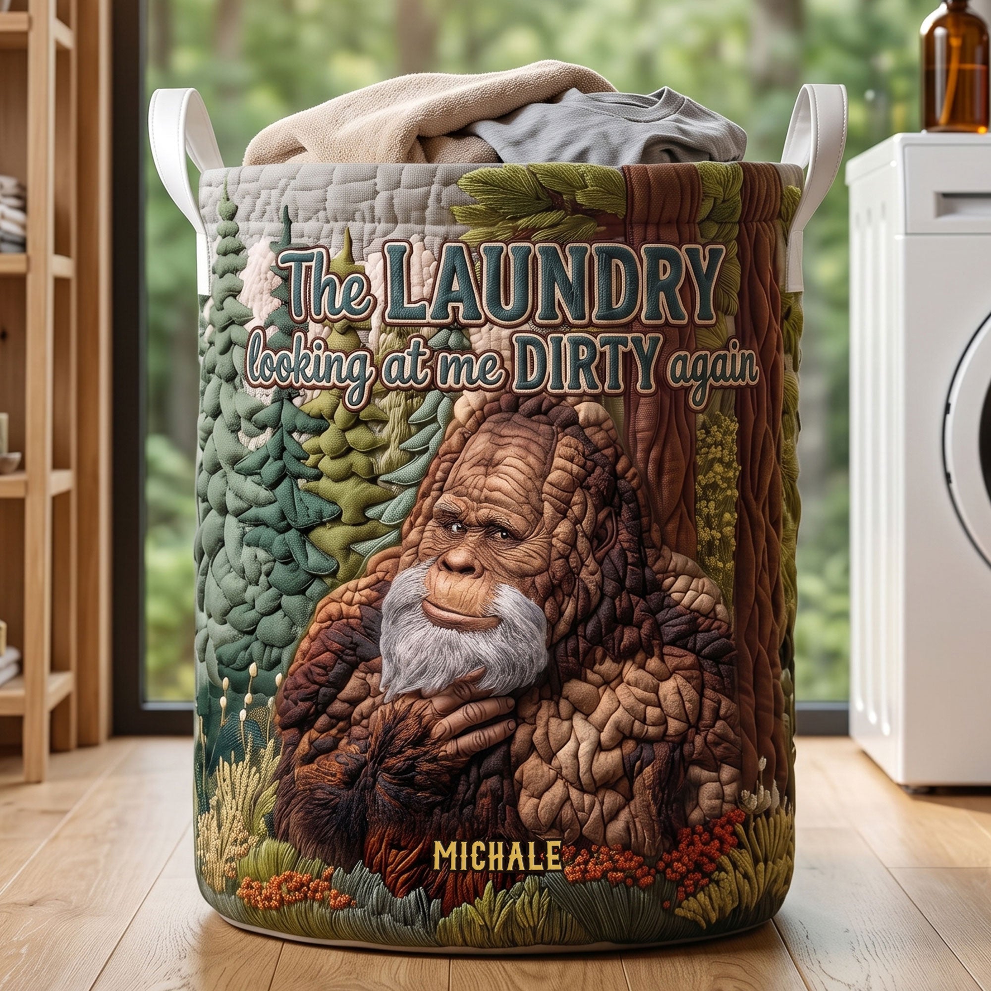 Fun Sasquatch Glance Quilted Laundry Basket, Personalized Gifts For Bigfoot Lovers 01qhti110726 Laundry Basket PopCulturePrints