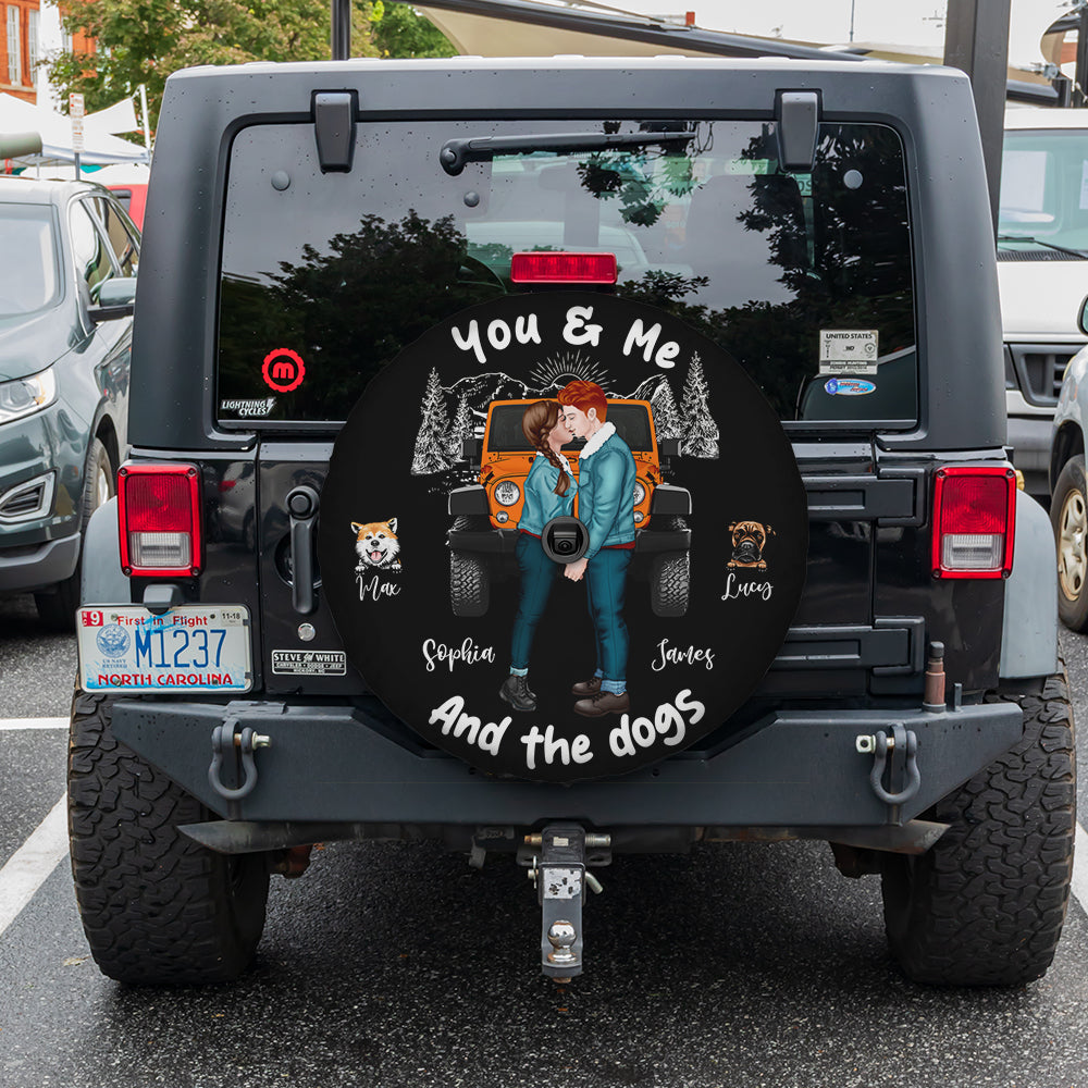 Personalized Couple and Dogs Tire Cover – Custom Names and Vehicle Design