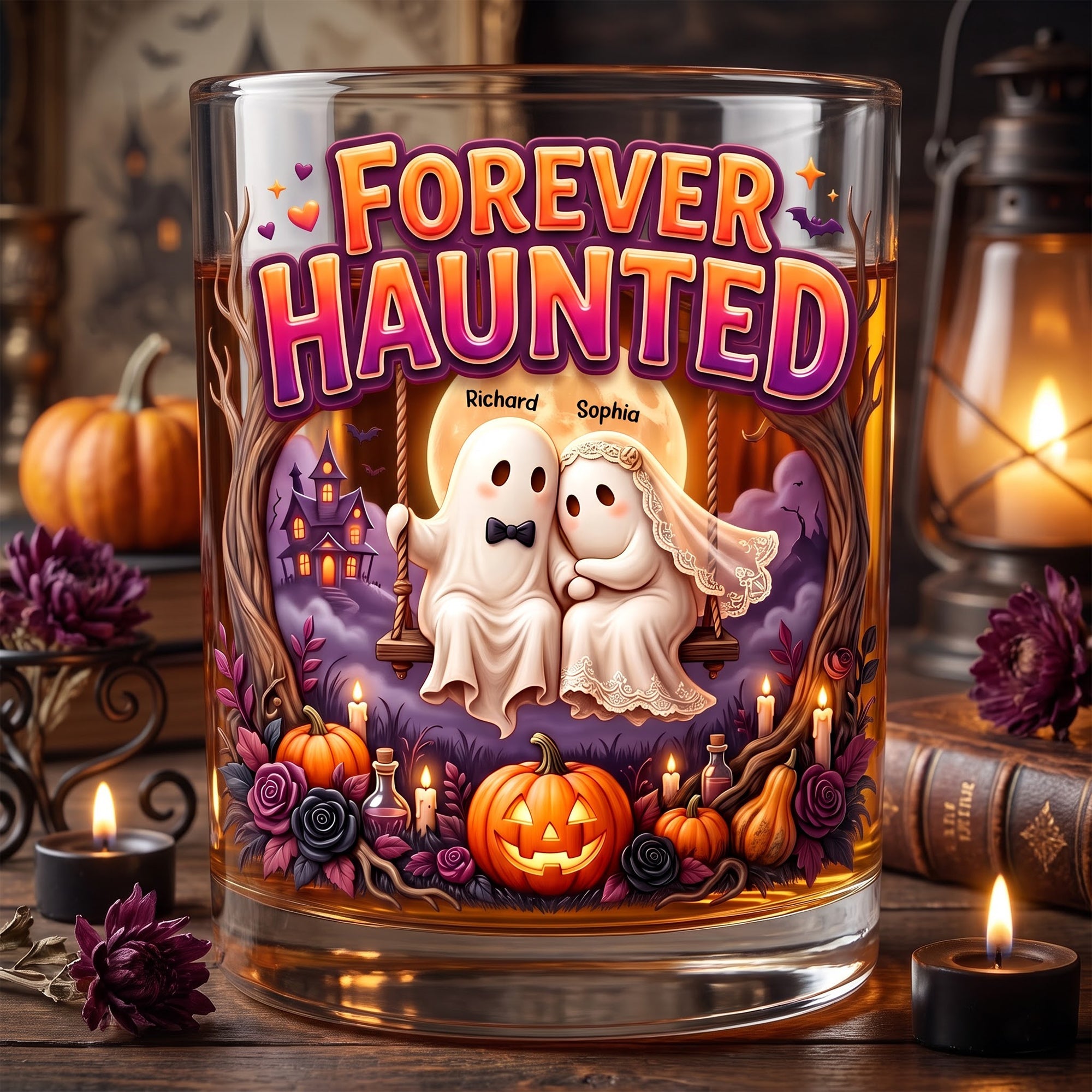 Forever Haunted - Custom Halloween Round Glass Gift for Couples