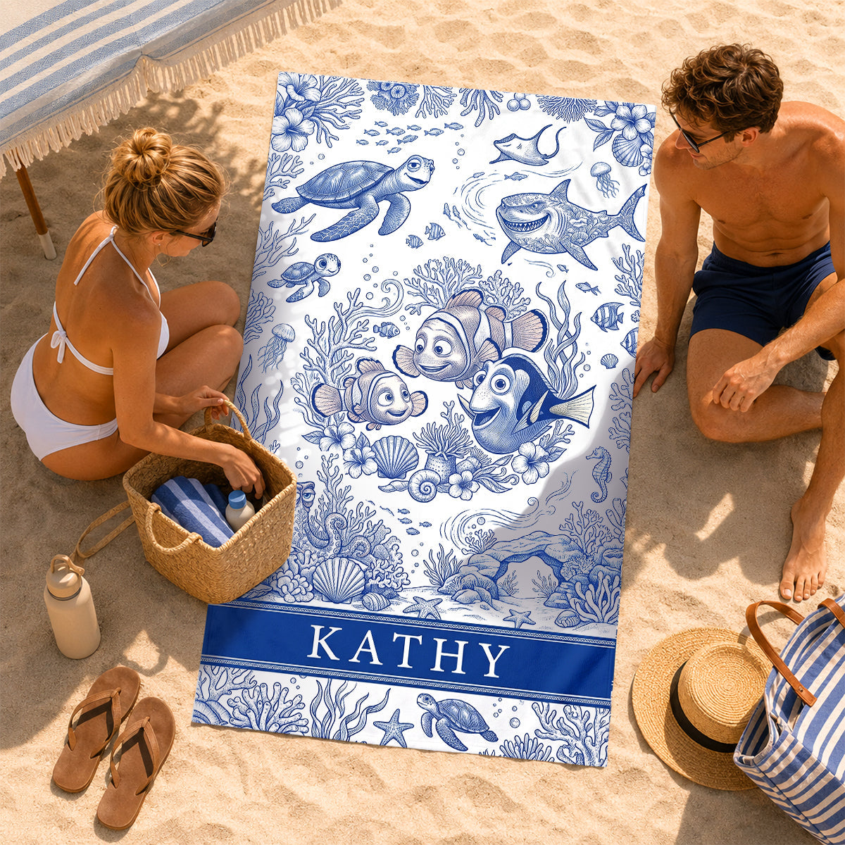 "Make Waves with Personalization!" - Joyful Ocean Current Toile De Jouy Beach Towel - Custom Gift for Friends and Family