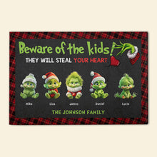 Load image into Gallery viewer, Personalized Green Monster Kids Doormat - Steal Your Heart Doormat PopCulturePrints
