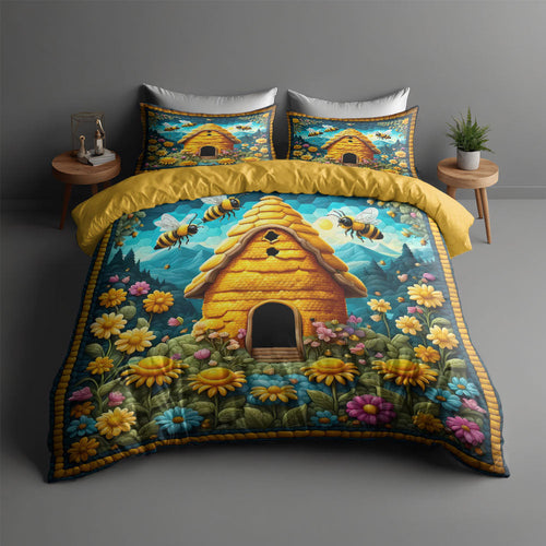 Personalized Bees Quilt Bed Set - Joyful Floral Design Blanket PopCulturePrints