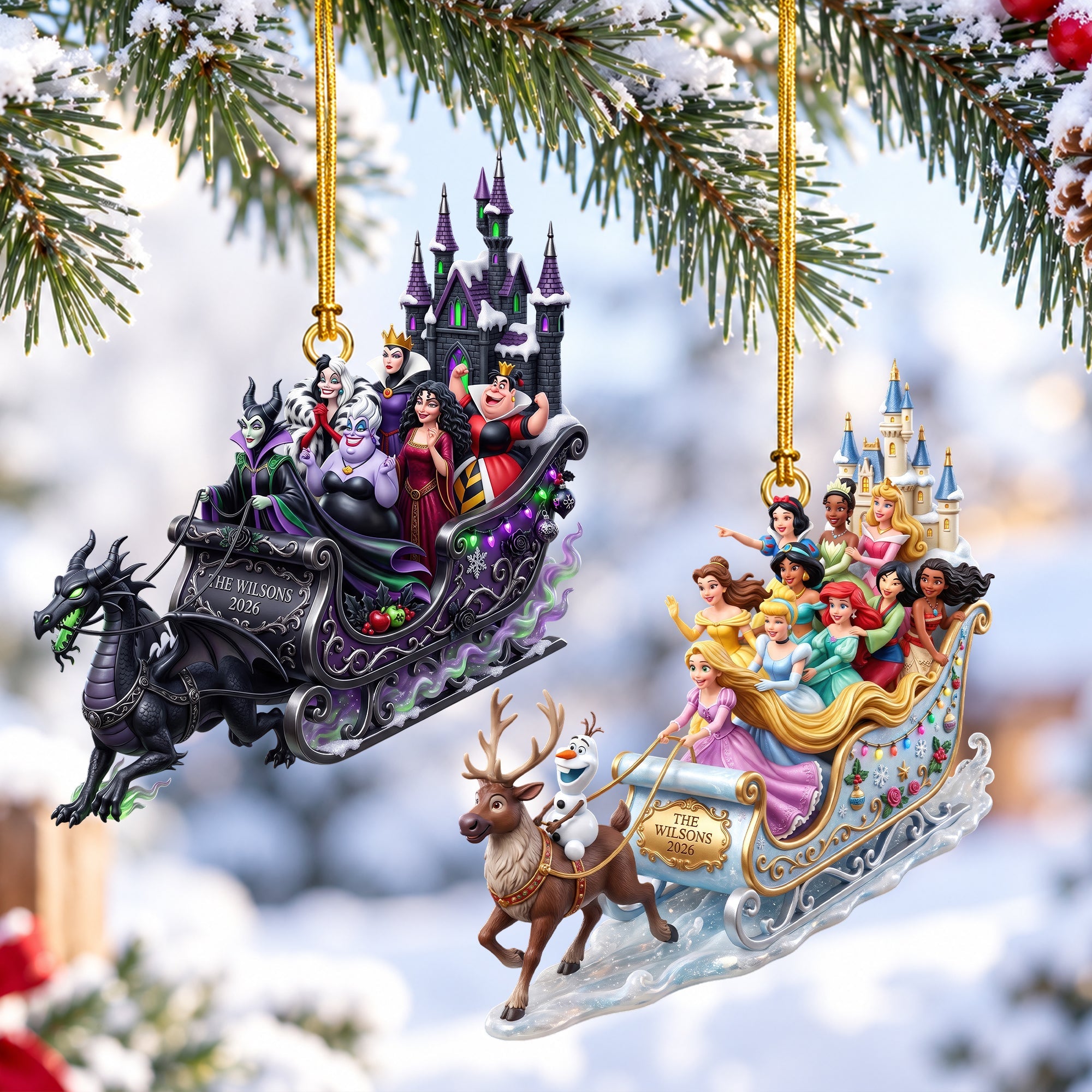 Celebrate Magical Moments with Our Princess & Villain Snow Ride Ornament - Personalized Christmas Gift