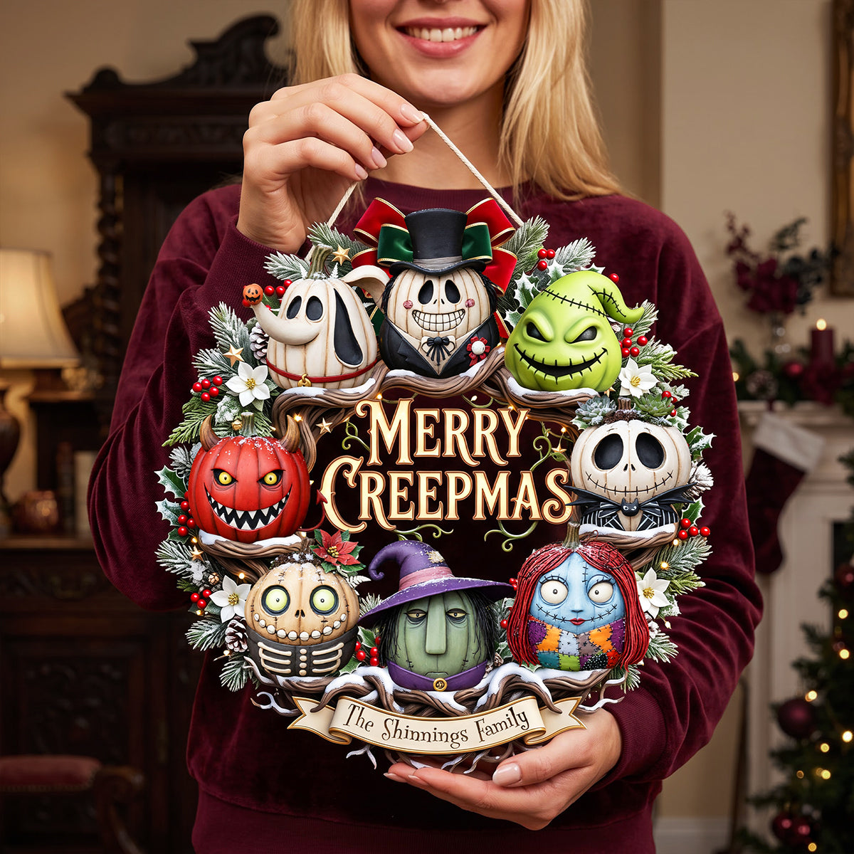 "Celebrate a Creepy Christmas with Style!" - Merry Creepmas Wreath Acrylic Sign - Personalized Gift for Halloween Lovers and Holiday Enthusiasts