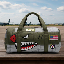 Load image into Gallery viewer, &quot;Fly High with Courage: Personalized Airplane Shark Duffle Bag - A Meaningful Gift for Veterans and Aviation Lovers&quot; Quilted Duffle Bag PopCulturePrints
