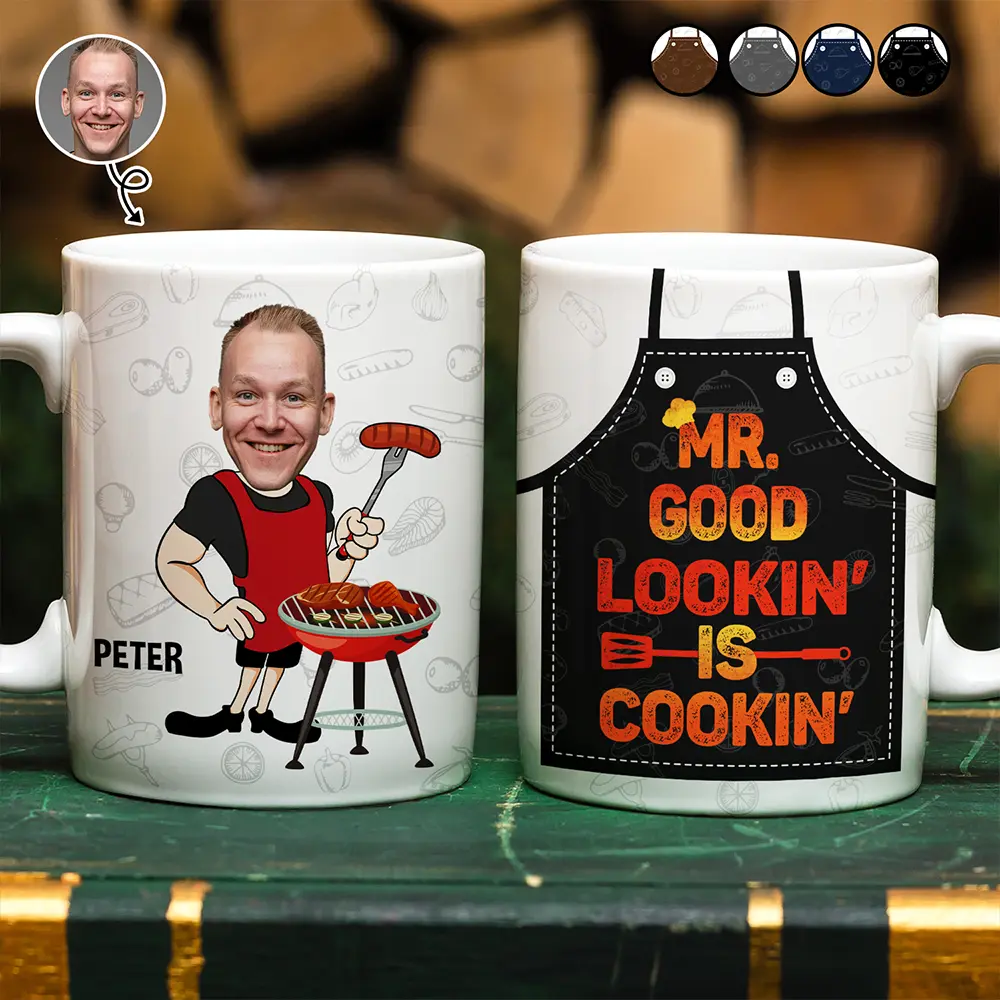 "Mr. Good Lookin' Is Cookin'" - Custom Photo Grilling Apron & Personalized Mug - Unique Gift for Dad, Grandpa, and BBQ Lovers Mug PopCulturePrints