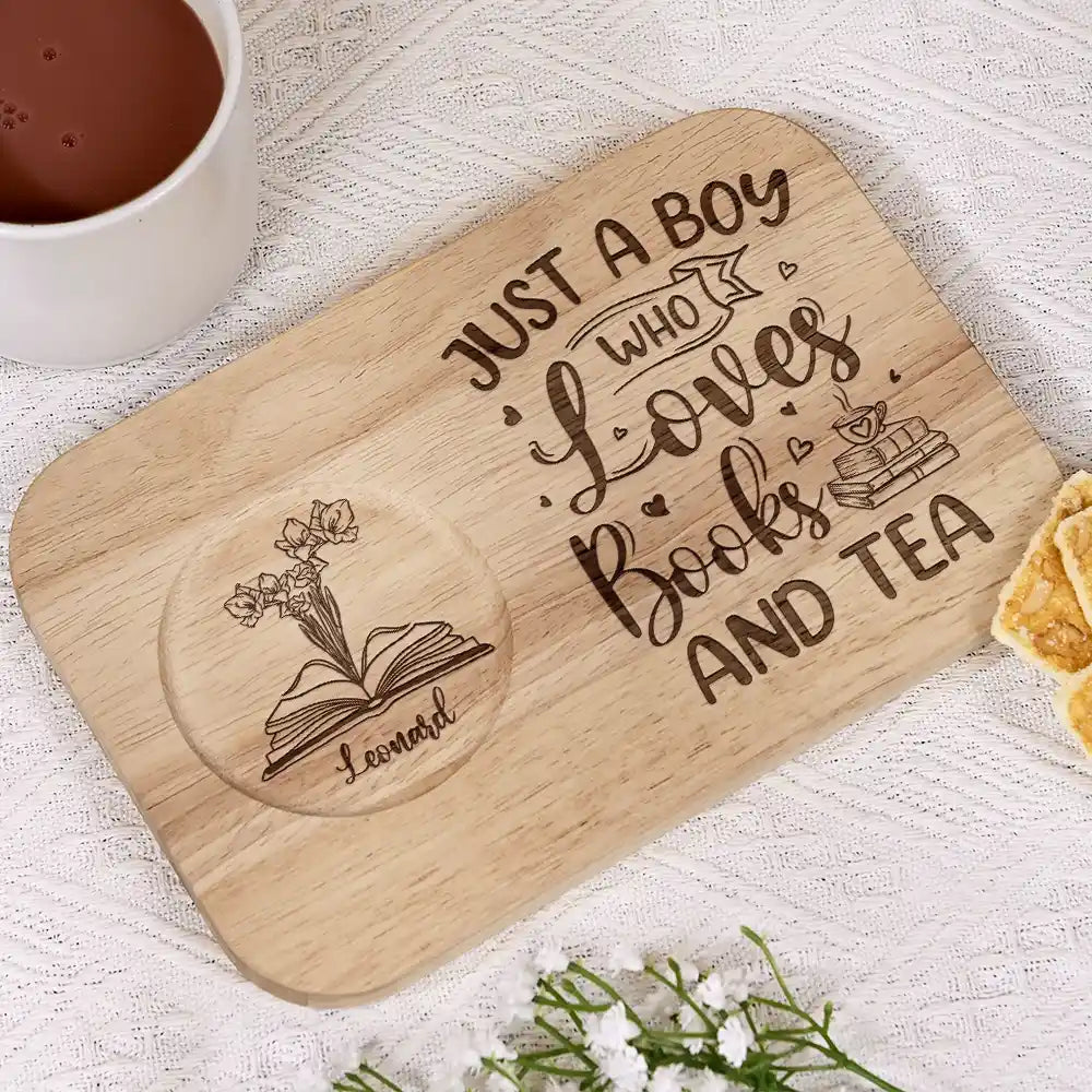Just A Girl Who Loves Books And Coffee - Personalized Serving Board With Cup Holder Serving Board With Cup Holder PopCulturePrints