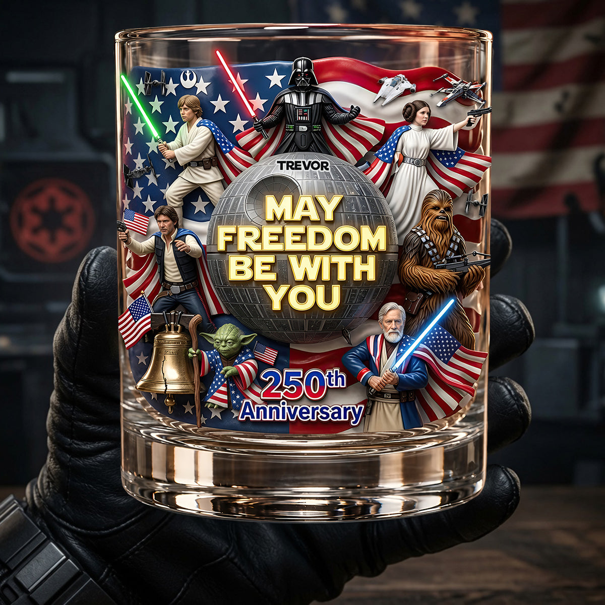 “May Freedom Be With You” - Personalized Round Glass for 250th Anniversary Gift Glass PopCulturePrints