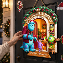 Load image into Gallery viewer, “Monstrously Merry Awaits!” - Merry Monster Family Acrylic Sign - Personalized Christmas Gift
