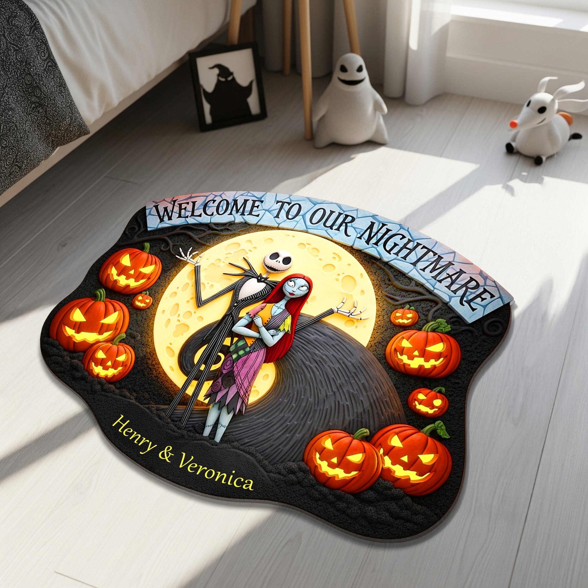 "Welcome to Our Nightmare" - Spooky Couple Custom Shape Doormat - Personalized Halloween Gift for Couples Doormat PopCulturePrints