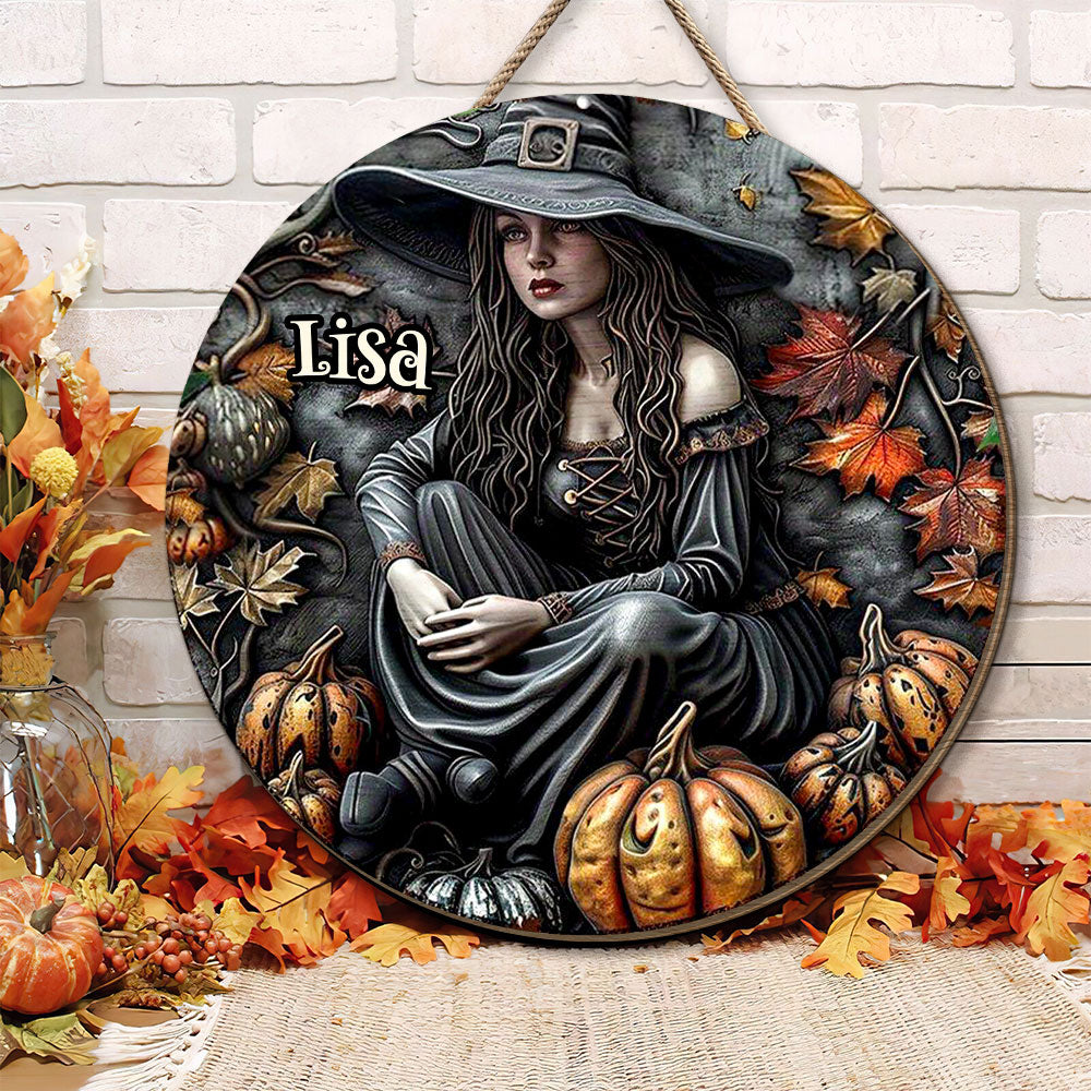 Personalized Halloween Witch Round Wood Sign - Custom Home Decor