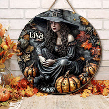 Load image into Gallery viewer, Personalized Halloween Witch Round Wood Sign - Custom Home Decor
